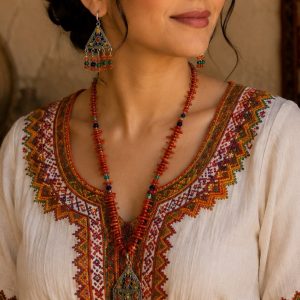 parure kabyle femme collier et boucles d'oreilles en corail synthétique